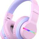 iClever BTH12 Kids Bluetooth Headphones, Colorful LED Lights, 74/ 85dBA Safe Volume, 85H Playtime, Bluetooth 5.2, Over Ear Headphones Built-in Mic for iPad/ Tablet/ Airplane, Blossom Pink