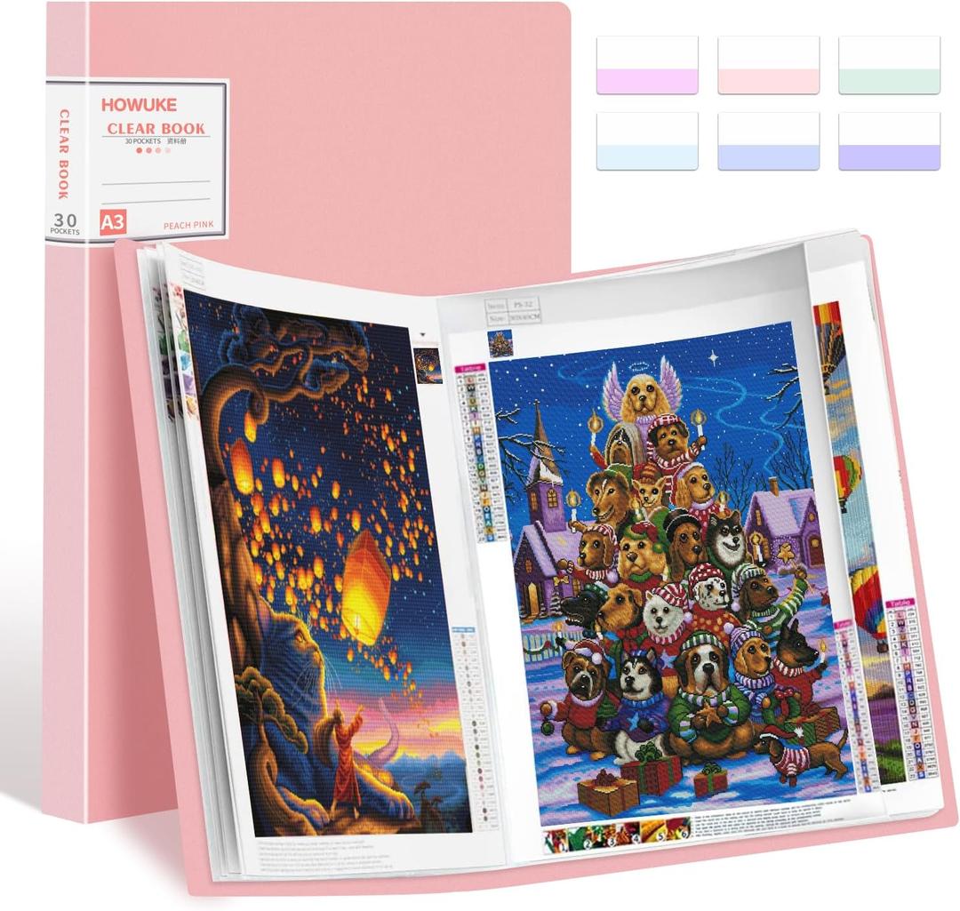 A3 Diamond Painting Storage Book, 60 Views Art Portfolio Presentations Folder with 30 Pages Protectors, 17.3x12.8in (A3:16.5x12.1 inches, Pink)