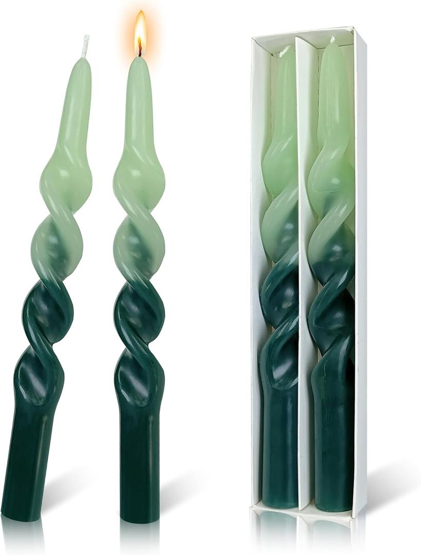 Sage Green Spiral Taper Candles 10 Inch - Handmade Twisted 2 PCS | Smokeless Unscented for Home Decor Wedding Party