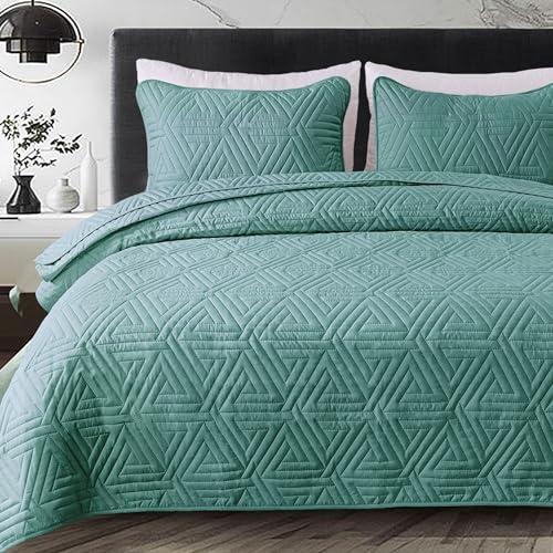 Whale Flotilla Soft Twin Size Quilt Set for All Seasons, 2-Piece Ultrasonic Geometric Quilts Bedding Set, Lightweight Reversible Bedspread, Coverlet, Bed Cover with Pillow Sham, Turquoise Green