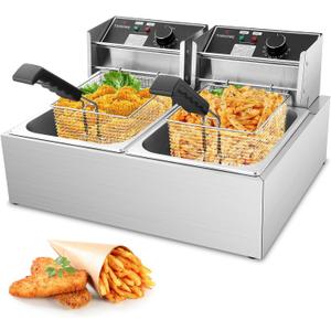Commercial Deep Fryer, 3400W Electric Deep Fryers with 2x6.35QT Baskets Thickened Stainless Steel Countertop Oil Fryer 20.7QT Large Capacity with Lids Temperature Controller (12L)