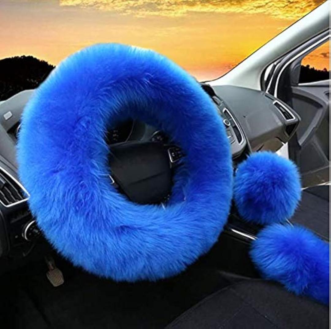 Yontree Fashion Fluffy Steering Wheel Covers for Women/Girls/Ladies Australia Pure Wool 15 Inch 1 Set 3 Pcs (Blue) (Long Hair)