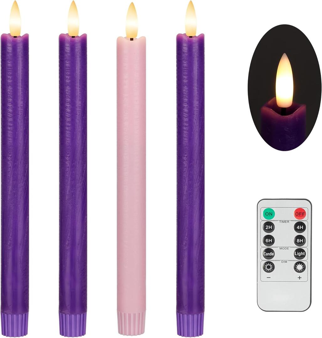 Flameless Advent Candles Set of 4, Real Wax Advent Taper Candles Battery Operated 9.6", Purple and Pink Christmas Candlesticks for Wreath, Christ, Home, Church, Catholic Decoration