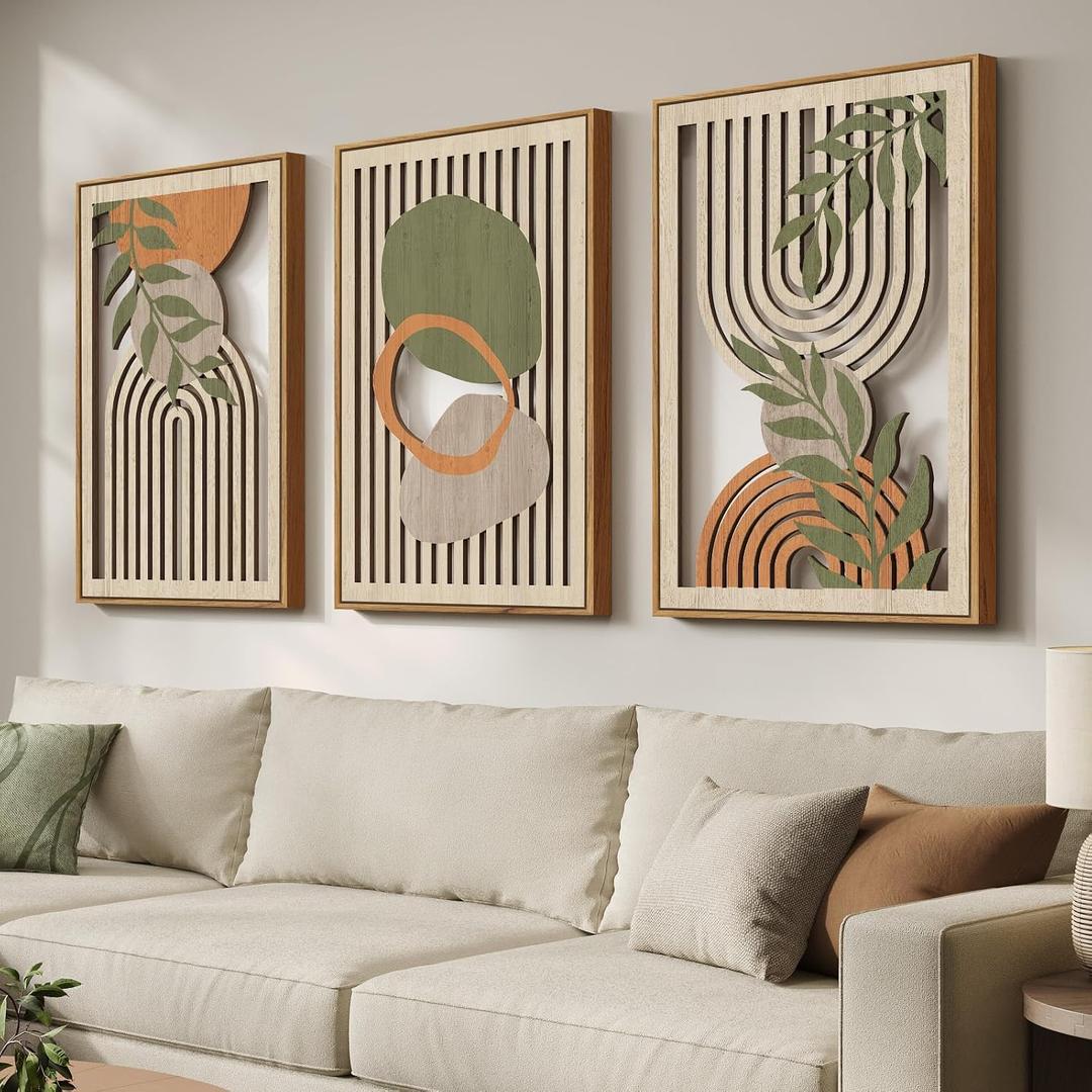 Framed Boho Cutout Carved Wood Wall Art Decor for Living Room, 24x36 Inch, 24" W x 36" H x 3 Pcs