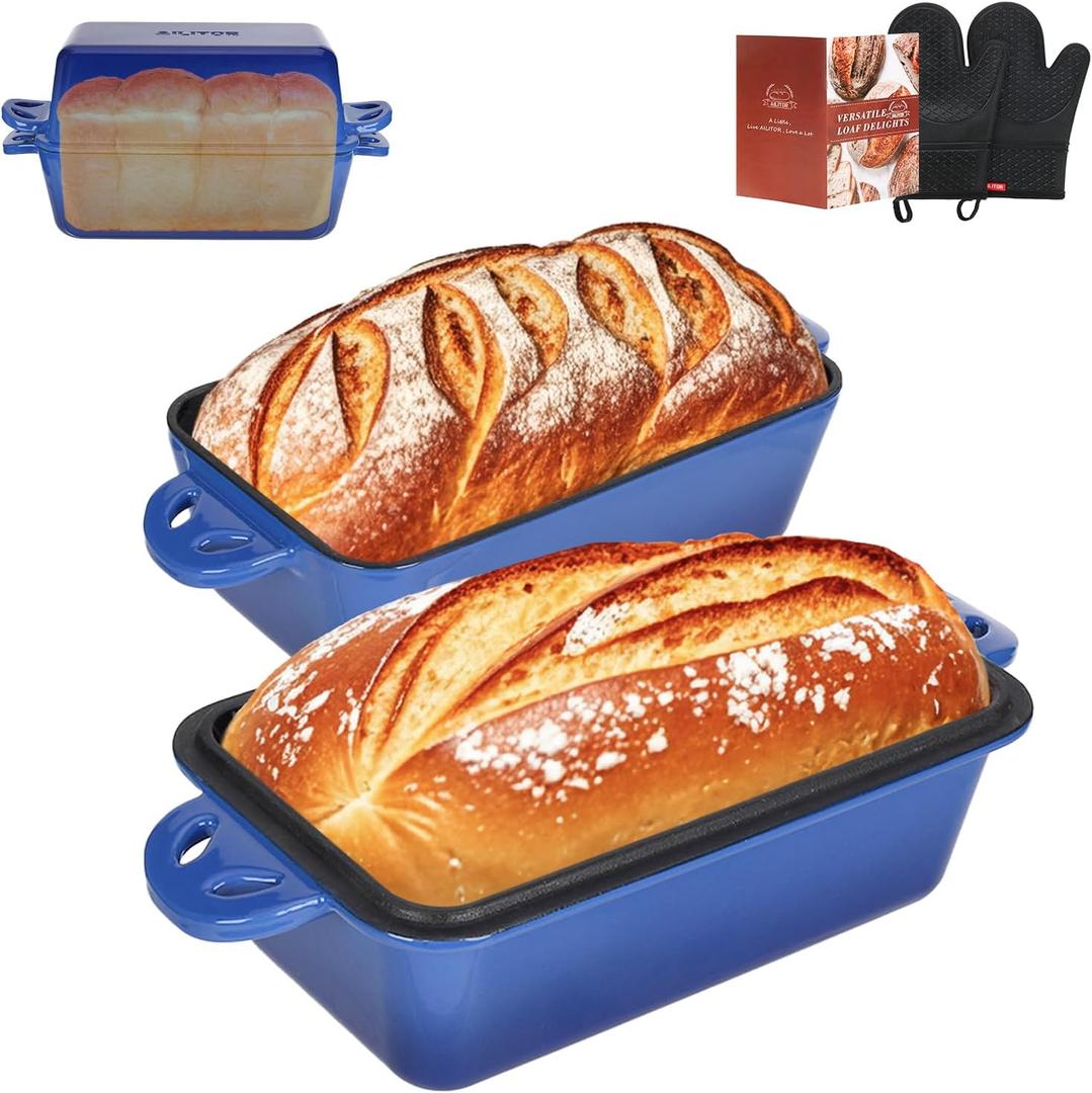 9x5 Enameled Cast Iron Loaf Pan with Lid - 2 in 1 Sourdough Bread Pan for Homemade Baking (Blue)