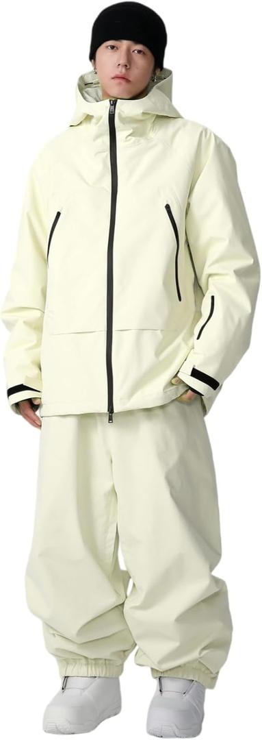 Mens Ski Jacket and Pant Set Womens Snow Jacket Baggy Ski Suit Waterproof Insulated Snowboard Winter Outdoor (Small, Beige)