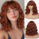 BEAUTIFA Auburn Wig with Bangs for Women 14 Inch Shoulder Length Short Bob Wavy Curly Auburn Wig Heat Resistant Synthetic Wigs