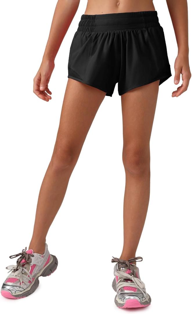 MCEDAR Girls Athletic Shorts with Liner, Quick-Dry Lightweight Active Workout Sports Running Shorts with Zip Pocket Black, Small