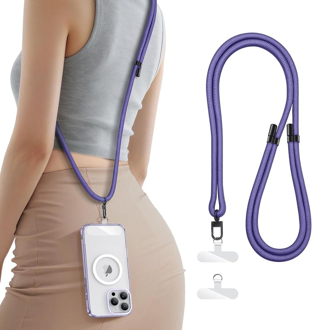 SSLOTSCASE for Phone Lanyard Crossbody with 2X TPU Clear Phone Tabs, Multifuctional Double Flexible Neck Strap, Durable Sturdiness Carabiner, Lightweight Comfortable, Wrist for Women Men, Purple