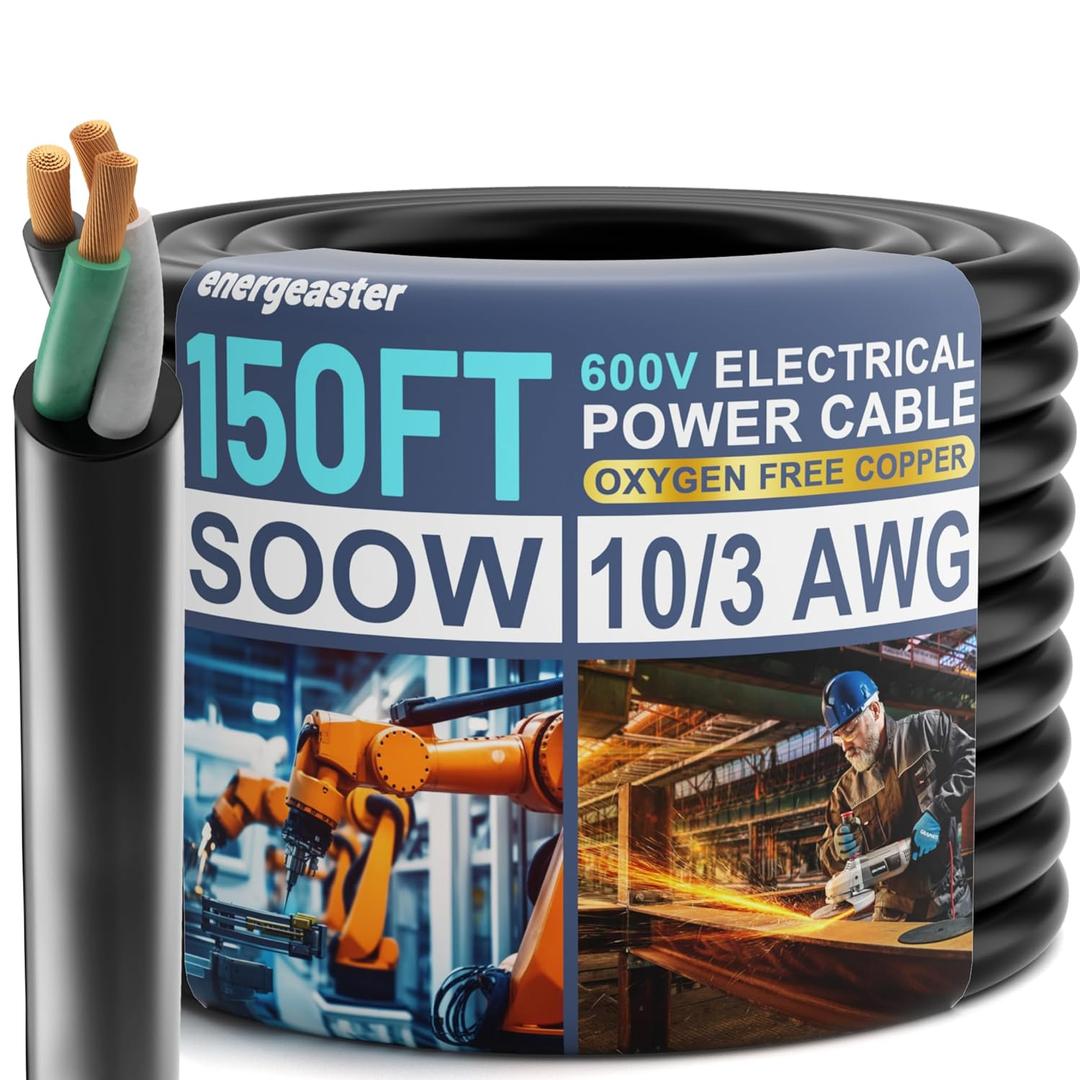 Electric 10/3 SOOW Bulk Cable-10 Gauge 3 Conductor-Rated for 600V, 30A -Water & Oil Resistant Cable for Industrial & Residential Use-Ideal for Generators,Circuits,Data Centers(150 Foot)