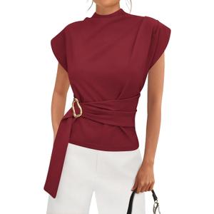 PRETTYGARDEN Women Blouses Spring Dressy Cap Sleeve Mock Neck Work Shirts Buckle Tunic Summer Business Casual Tops 2026 (Red, S)