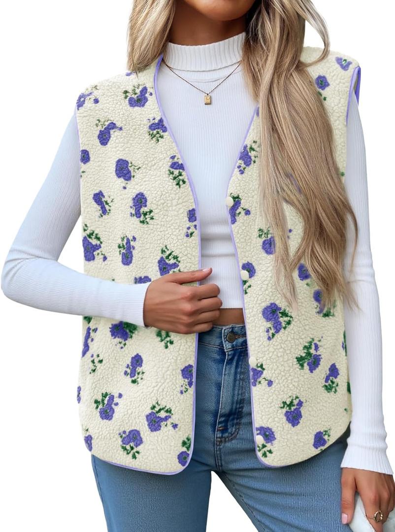 Cicy Bell Womens Fuzzy Fleece Vest Fall Floral Sleeveless Sherpa Jacket Lightweight Button Down Warm Outerwear with Pockets (Medium, Purple)
