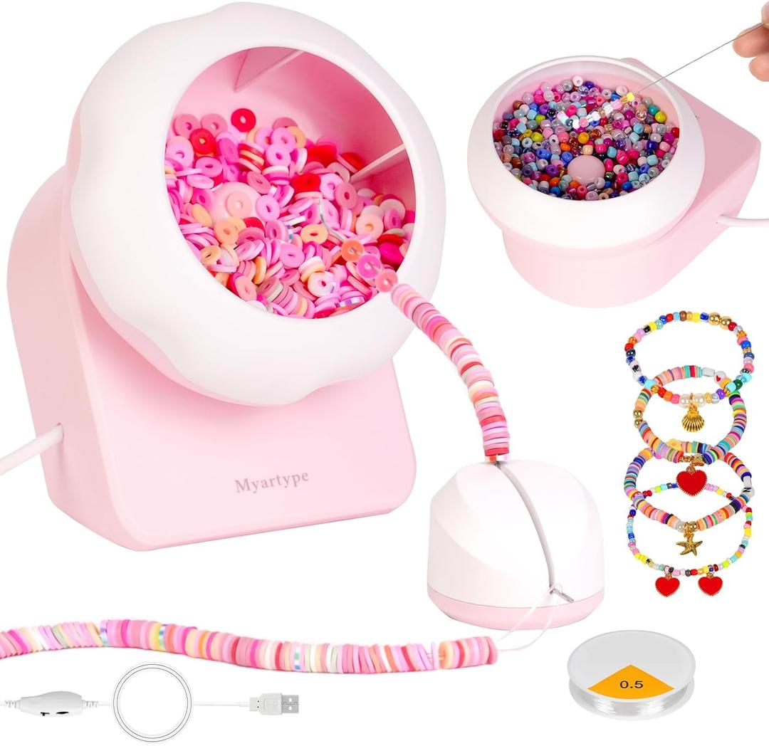 Myartype Clay Bead Spinner and Seed Bead Spinner, 2-in-1 Electric Bead Spinner for Jewelry Making, Bracelet Spinner and Necklace Making Machine with Needles and Thread (Pink), (Beads Not Included)