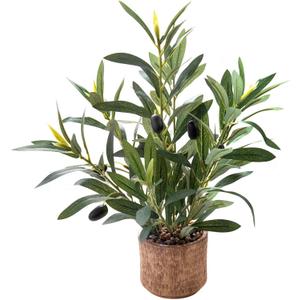 Indoor Fake Olive Plant - 12 inch Faux Silk Olive Plant with Realistic Trunk and Lifelike Fruits in Black Rustic Planter - Perfect for Home and Office Decor