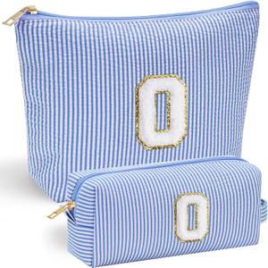 YOOLIFE Makeup Bag Cosmetic Bag, Travel Makeup Bag Portable Pouch Open Flat Make Up Organizer Bag for Toiletries Brushes Small Makeup Bag Gifts for Wife Sister Friend Teacher Girlfriend Mothers Day O (Blue)