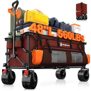 Originsure 48" L Collapsible Wagon Cart Foldable, 560lbs Weight Capacity 300L Heavy Duty Folding Beach Wagons with Big All-Terrain Wheels, Utility Carts for Groceries, Shopping, Camping, Sports-red