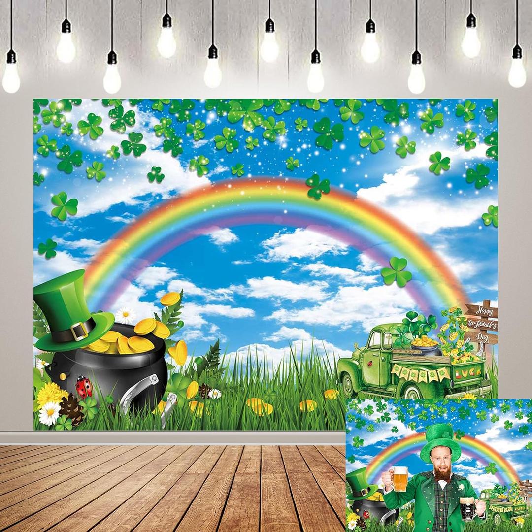 St.Patrick's Day Shamrocks Photo Backdrop Happy St Patricks Day Green Lucky Irish Background Green Lucky Gold Coins Irish Celebration Parade Party Banner (94x70inch(8x6FT))