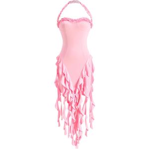 Women's Ruffle Halter Mini Dress Summer Bodycon Asymmetrical Party Club Dresses (Pink, L)