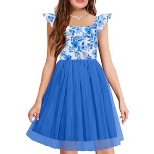 Arshiner Girls Dresses Summer Square Neck Ruffle Sleeve Formal Party Birthday Tulle Dress 13-14 Years (Blue Flower)