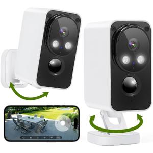 Security Cameras Wireless Outdoor 180 Pan Rotate 2K Color Night Vision Cameras for Home Security Motion Detection Siren 2-Way Talk Battery Powered IP65 Waterproof 2.4GHz WiFi Cloud/SD Storage 2-Pack (White)