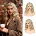 GUOJIAN Mixed Blonde Bob Wig 14 Inch Short Wavy Curly Shoulder Length Wig for Women Middle Part Natural Looking Heat Resistant Synthetic Wigs for Daily Party Use