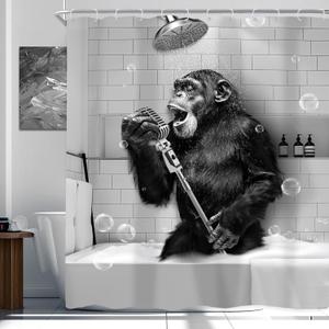 Newsely Funny Monkey Shower Curtain 60Wx72H Inch Black White Animal Chimpanzee Singing in Bathtub Men Kids Boy Shower Curtain Bathroom Set Modern Cool Waterproof Bath Decoration Accessories Home Decor