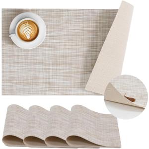 BACKTOEDEN Leakproof Placemats Set of 4, 2-Layer Waterproof placemat for No More Stains, Heat-Resistant Easy Clean Vinyl Table Place Mats for Kitchen Dining Indoor Outdoor, Beige, 17.72x11.81in