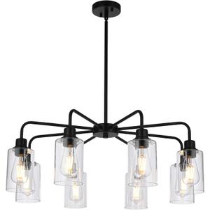 8-Light Modern Black Chandelier with Clear Glass Shades, E26 Base Farmhouse Pendant Light Fixture, Adjustable Swivel Heads Ceiling Lighting, Industrial Chandelier for Dining Room Kitchen Hallway
