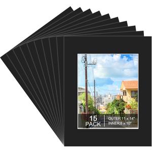 Prudiut 15 Pack 11x14 Black Picture Mats, Frame Mattes for 8 x10 Pictures Display Photo Frame Mat Core Bevel Cut Mat Board Show Kit for Photos, Prints, Artworks