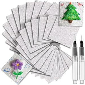 Wonderjune 20 Pcs Christmas Foam Texture Painting Paper for Craft, Magical Foam Texture Paper Sheet with Water Brush Pen, Handicraft Blank Painting Sheet for 3D Craft DIY Art Supplies (Square)