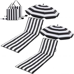 Briwooody 2 Set Beach Chairs with Umbrella Portable Beach Lounger Lightweight Foldable Outdoor Lounger Chair for Outdoor Travel Sunbathing Camping, Black and White Stripe
