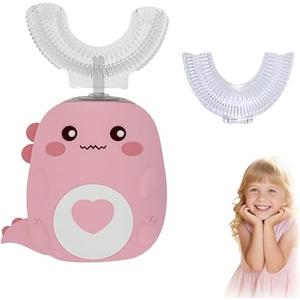 Kids U Shaped Electric Toothbrush with 2 Brush Heads, Rechargeable Auto U-Shaped Electric Toothbrush with LED Light, 5 Modes & Smart Timer, Gentle Kids Toothbrush for Children (Pink, 2-6)