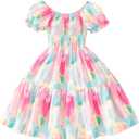Toddler Baby Girls Summer Floral Dress Kids Puff Sleeve Square Neck Smocked Flowy Sun Dresses 2-8 Years (3# Pastel Paint)