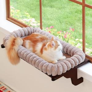 Zakkart SnugCloud Cat Window Perch with 4-Sided Bolster - Orthopedic Cat Hammock for Window Sill - Solid Hardwood & Metal Frame - Window Seat for Pets (Dark Stained Wood w/Brown Bed, Medium) (22"x15")