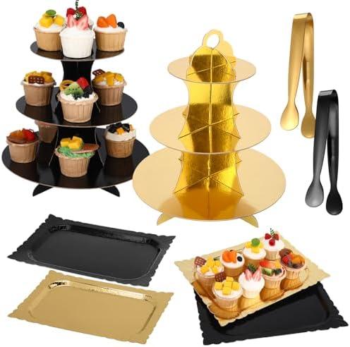 Willinglong 8 Pcs Dessert Table Display Set with 2 x 3-Tier Cardboard Cupcake Stand Tower 4 x Rectangle Serving Trays 2 x Serving Tongs for Wedding Bridal Shower Birthday Party Favors(Gold,Black)