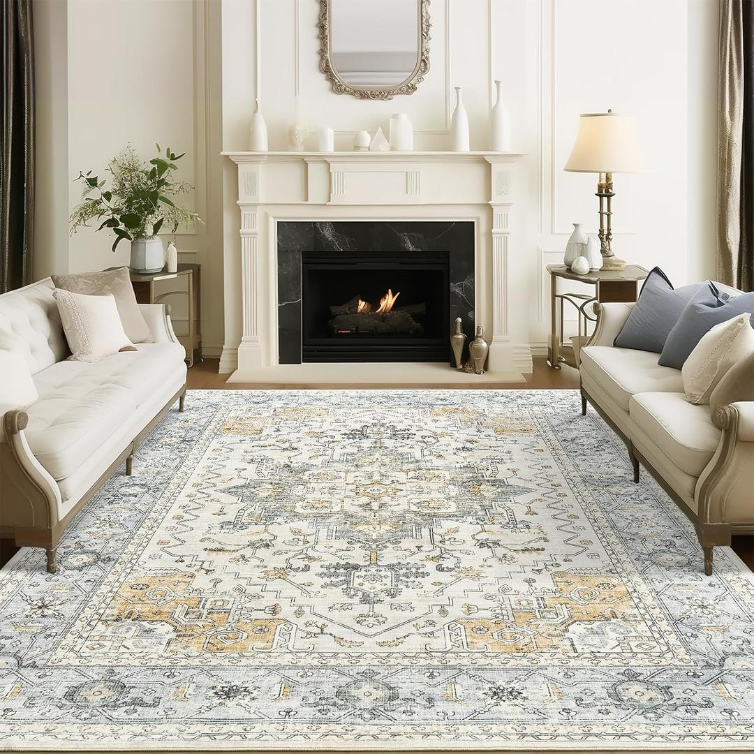 Washable Area Rug 8x10, Area Rugs Stain Resistant Neutral Washable Rugs for Living Rooms Bedroom Vintage Non-Slip Thin Large Size Area RugBrown