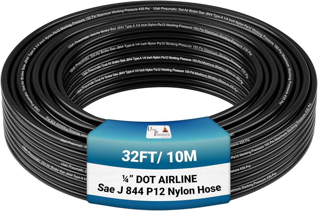 Utah Pneumatic 1/4" Air Line 0.25" Od 32.8 Feet 10 Meters Saej844 Nylon 1/4 Hose Dot Approved For Air Tubing Air Brake System Or Fluid Transfer 1/4" Air Hose (Black)