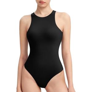 PUMIEY Women's High Neck Sleeveless Bodysuit Sexy Tank Tops Smoke Cloud Collection L Jet Black