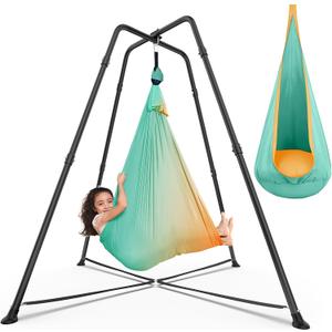 Swing Stand with Sensory Swing & Pod Swing, X-Shaped Swing Set | Heavy Duty Metal Frame, Autism Swing Chiar with Stand for kids Adults, 330LBS, Indoor and Outdoor(Mint Green Gradient)