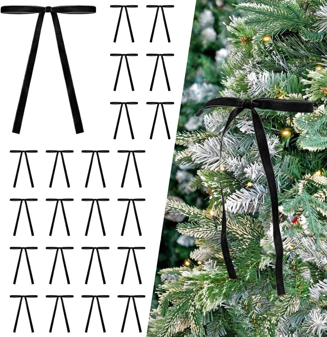 2 x 24 Pcs Black Velvet Bows Ornaments for Christmas Tree, Vintage Rustic Elegant Velvet Christmas Bows Tree Decorations, Indoor Home Decor for Wreath Mantle Gift Wrap Holiday Decor, 3/8'' W, 5 * 7 inch