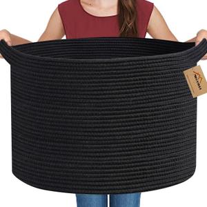 Large Black Blanket Basket, 22" X 22" X 14" Woven Rope Bin for Storage, Kids Dog Toy Storage Box Organizer Bins, Blanket Holder for Living Room, Decorative Wicker Basket for Organizing