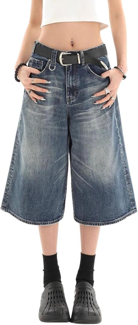 Cropped Jeans for Women Men High Waist Wide Leg Baggy Jorts Y2K Casual Denim Capris Pants Grunge Summer Clothes. (X-Small Short, Blue1)