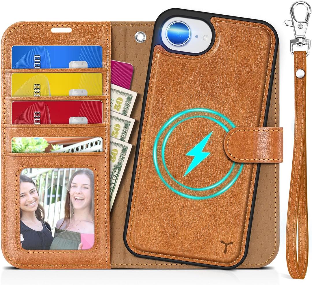 TUCCH Wallet Case for iPhone 17e 16e 6.1", [Removable] [Wrist Strap] Wireless Charging RFID Blocking [4 Card Holders] PU Leather Magnetic Detachable Stand Folio Cover for iPhone 17e/16e, Light Brown