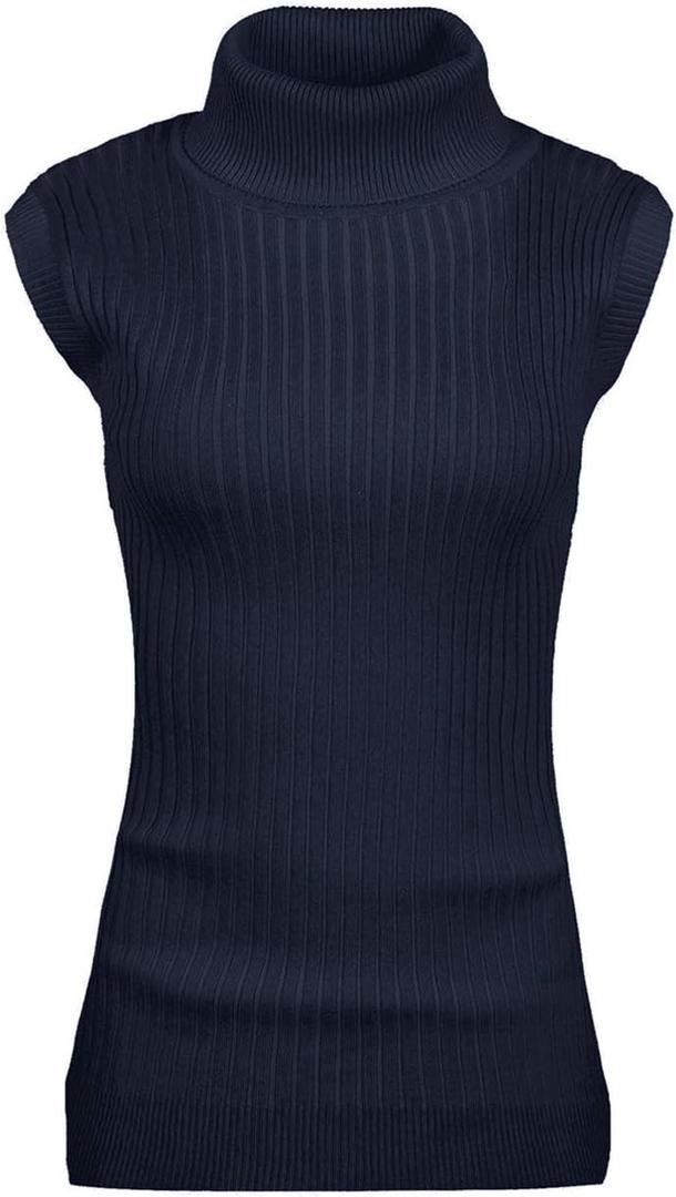 v28 Women Sleeveless High Neck Turtleneck Stretchable Knit Sweater Top (Blue, XL)