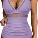 SUUKSESS Women Sexy Mesh Tummy Control Swimsuit Push Up High Waisted Bathing Suit (XX-Large, 10 Light Purple)