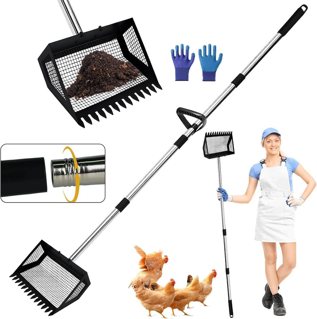 Chicken Poop Scooper for Sand, Coop Scoop 3 in 1 Rake Function with Fine Sieve Hole, Adjustable Stainless Handle 37" to 67", Scooper Chicken Poop Scooper for Sand