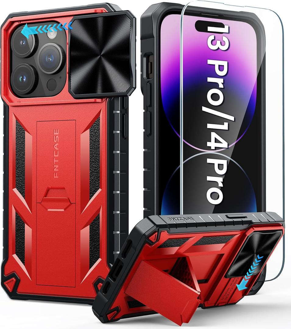 FNTCASE for iPhone 14-Pro Phone Case: Military Grade Drop Proof 13 Pro & 14 Pro Cases Mobile Cover with Kickstand & Slide | Rugged Shockproof Protective Cell Phonecase for Apple 14pro/13pro 6.1'' Red
