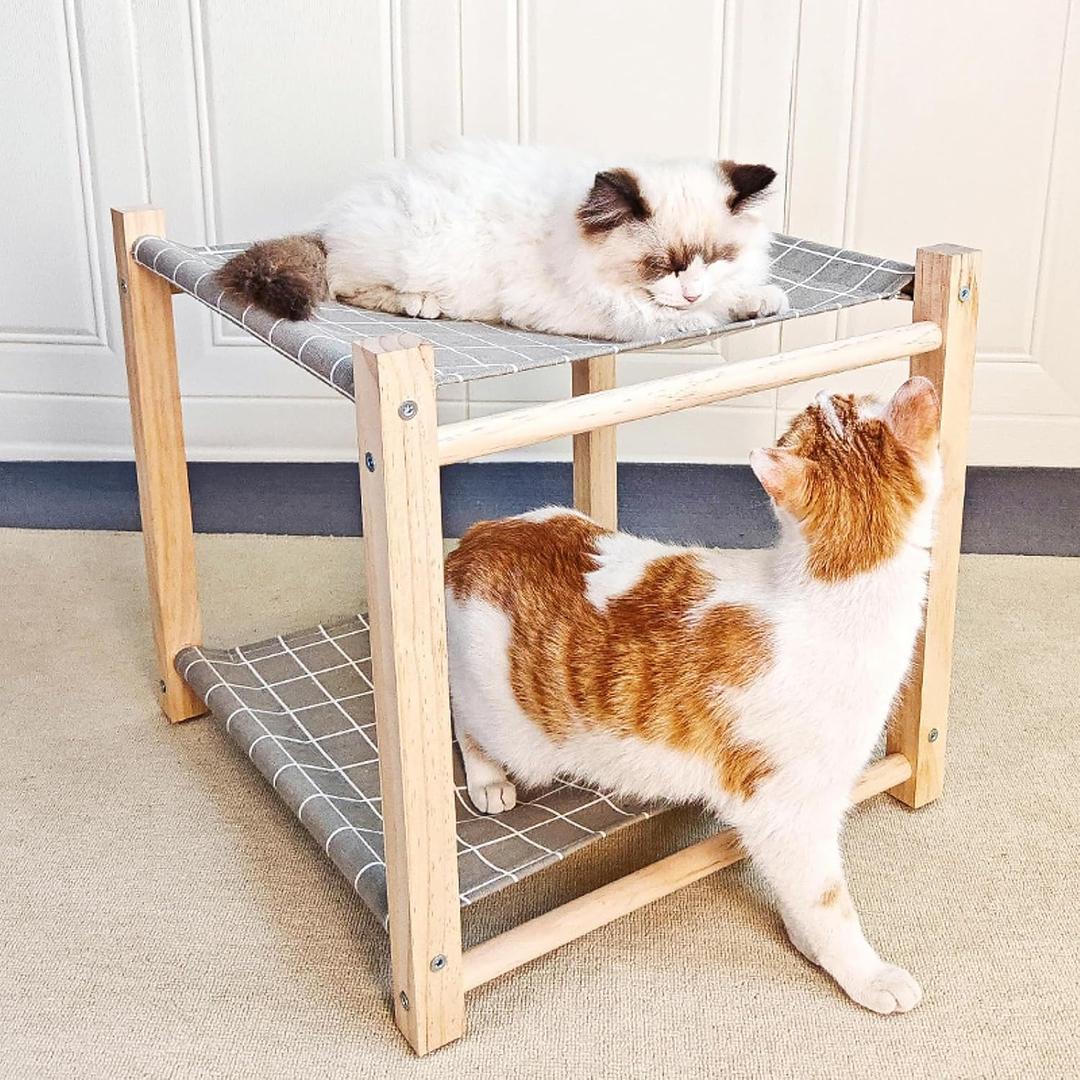 2 Layer Cat Hammock Bed for Indoor Cats, 17.0''17.0'' Big Size Cat Hammock, Pine Wood Elevated Cat Bed, Good for All Seasons (Grey)