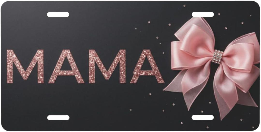 Mama Bowknot License Plate Car Tag Front Pink Bling Shimmer Art 6x12 | Heavy duty rustproof aluminum shield with 4-hole setup offers fast vehicle bumper mounting without drilling