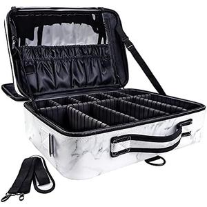 gzcz PU Leather Travel Makeup Case 16.2" Large Cosmetic Bag Organizer Professional Train Case with Adjustable Dividers and Shoulder Strap for Brushes Toiletry Jewelry Digital Accessories